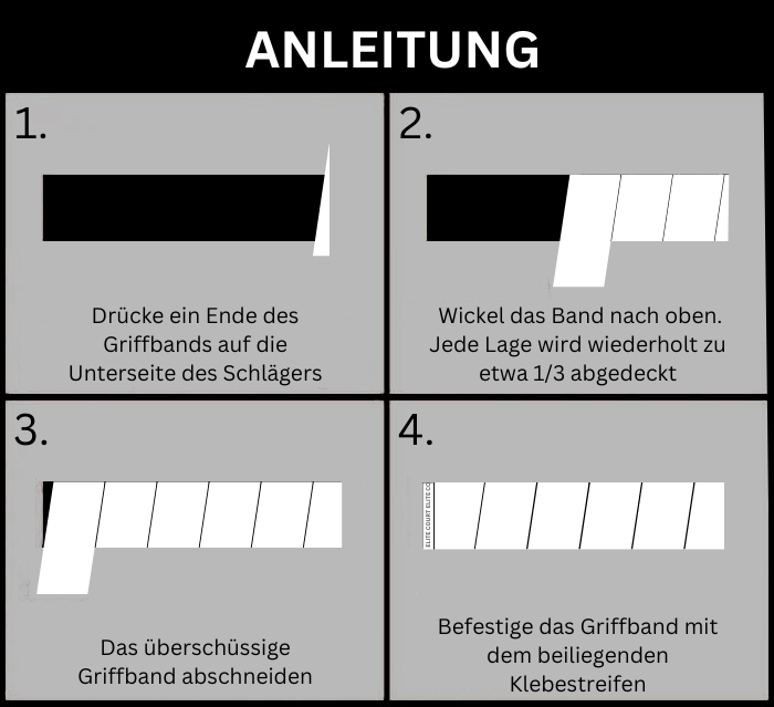 Anleitung zum Wickeln eines Griffbands (Tennis): 1. Vorbereitung: Entferne das alte Griffband vom Tennisschläger. 2. Ansetzen: Beginne unten am Griff mit der schmaleren Seite des neuen Griffbands. Befestige es mit Klebestreifen. 3. Wickeln: Wickle das Band straff und gleichmäßig in einer leichten Überlappung um den Griff, arbeite dich nach oben. 4. Abschluss: Schneide überschüssiges Band ab und fixiere das Ende mit dem beiliegenden Klebestreifen. Fertig – für perfekten Halt und Komfort beim Spiel!